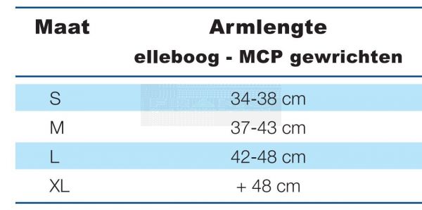Actimove Mitella Eco, ter ondersteuning van arm en elleboog maattabel