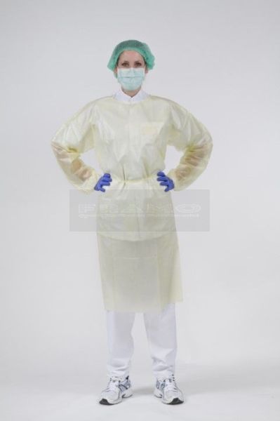 Klinion schort PE-coating geel med-iso GY02 maat L 135 cm voor