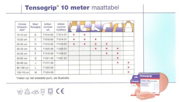 Tensogrip maattabel 10 meter verpakkingen